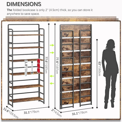 4NM No Assembly Extra Wide 6 Tiers Folding Bookshelf Storage Shelves Vintage - Image 2