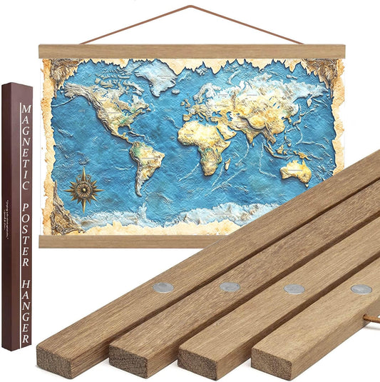 DACRI HOME 32" Wide Magnetic Poster Hanger Frame - 32x24 32x40 32x48 Magnetic Frame - Premium Teak Wood, Strong Magnets for Hanging Posters Maps Pictures Scroll Wall Art (32 Inch, Natural Wood)