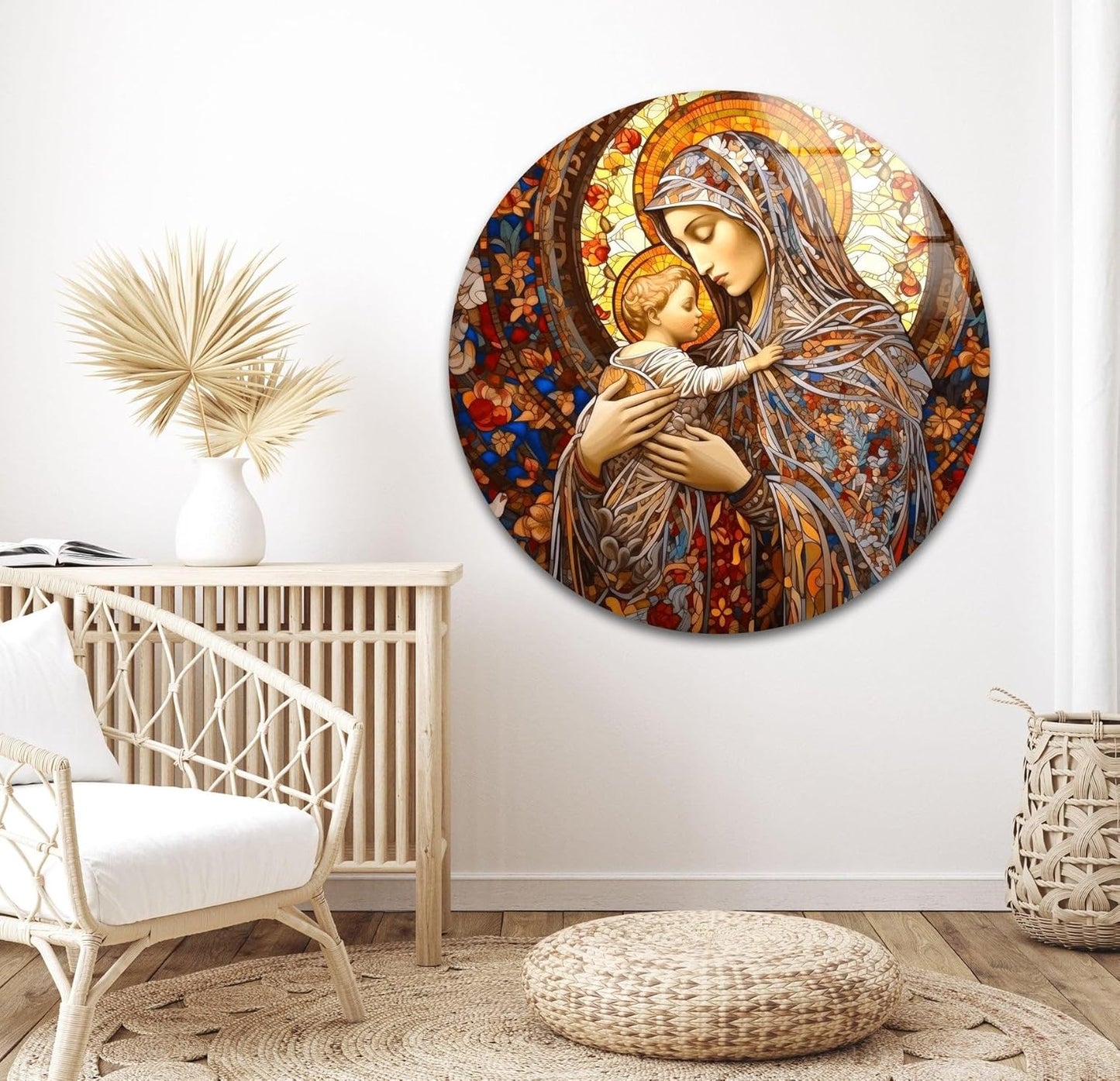My Photostation.com Round 24'' Jesus and Virgin Mary Glass Wall Art Tempered Glass Printing Wall Decor Large Wall Art Wall Hangings