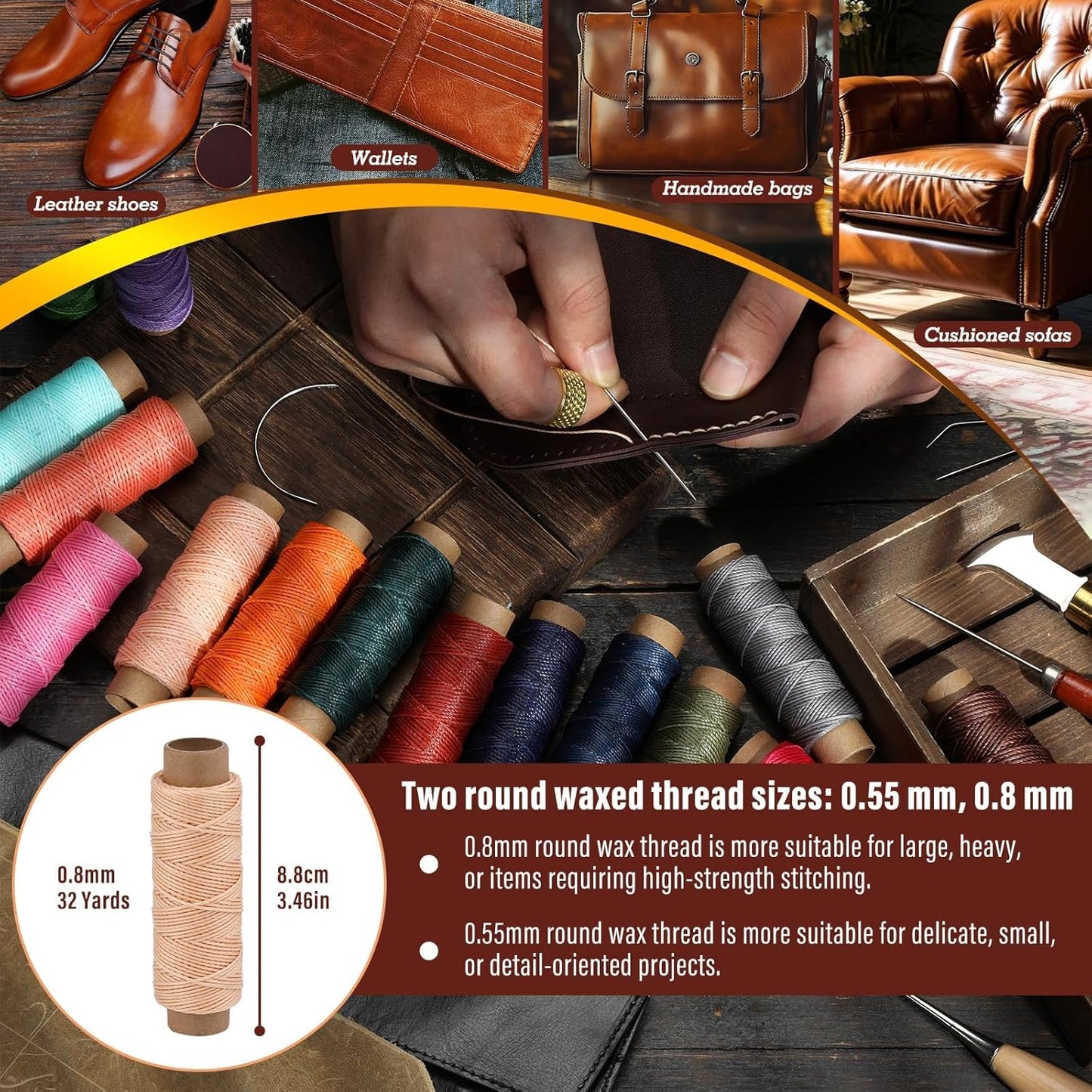0.8 mm Leather Sewing Thread, 16 Colors 32 Yards Waxed Thread, Round Waxed Thread, Wax String for Bracelet Making, Sewing Stitching, Bookbinding, Braiding
