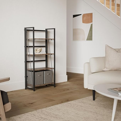 4NM No Assembly Folding Bookshelf Storage Shelves 4 Tiers Vintage Bookcase - Image 2