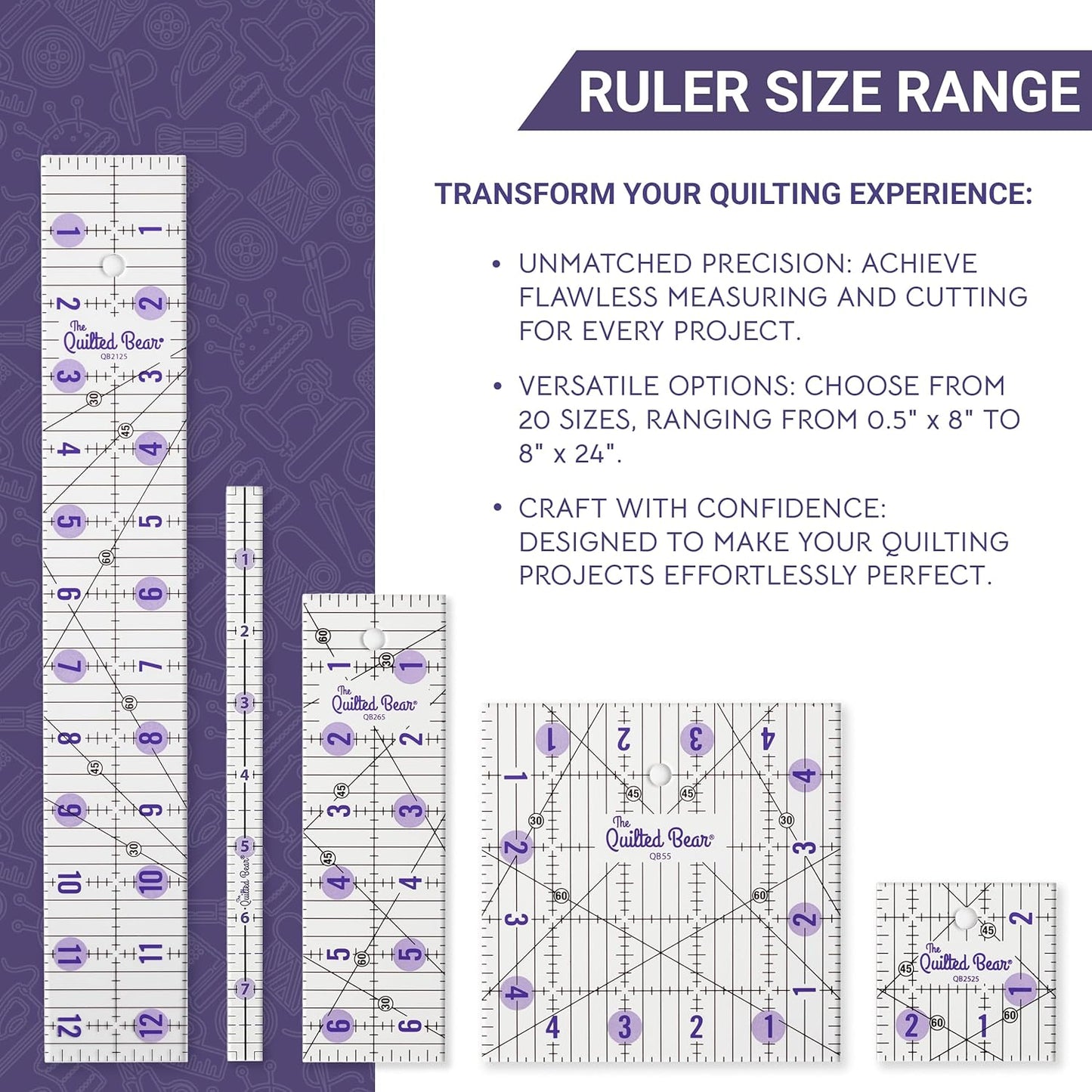 The Quilted Bear Quilting Rulers - Transparent Acrylic Non Slip Quilting, Patchwork & Sewing Ruler with Clear Black Lines & 30, 45 & 60 Degree Angles for Perfect Accuracy & Precision (0.5" x 8")