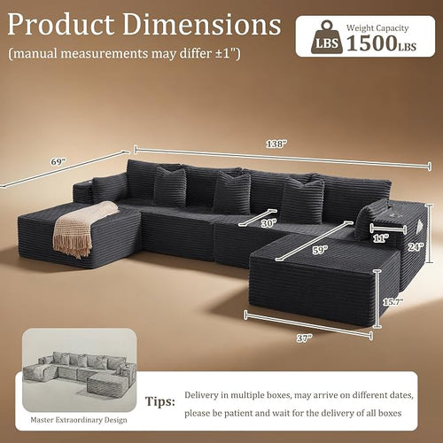 138" Cloud Sectional Couch, Comfort U Shaped Sofa - Image 2