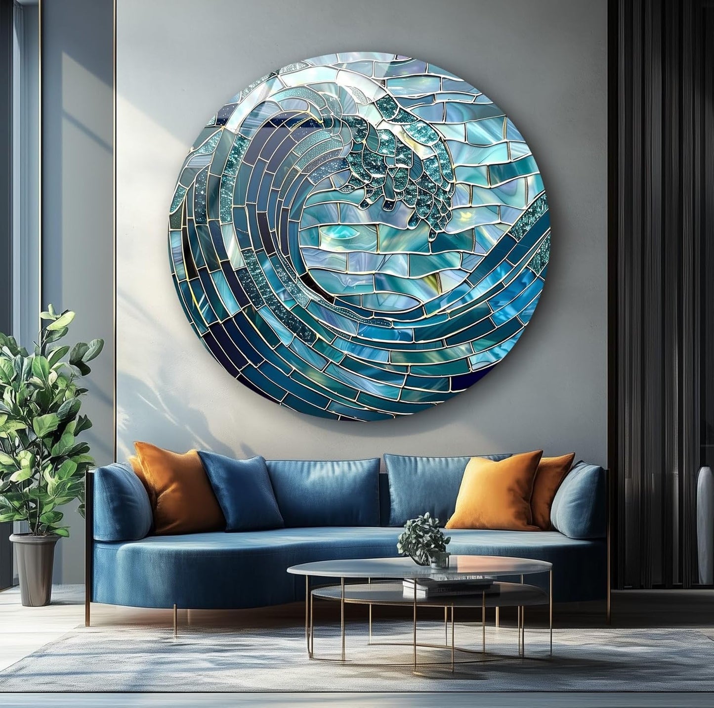 My Photostation.com 27.5''(70cm) Diameter Ocean Wave in Blue Mosaic Round Glass Wall Art Tempered Glass Printing Wall Decor Large Wall Art Wall Hangings