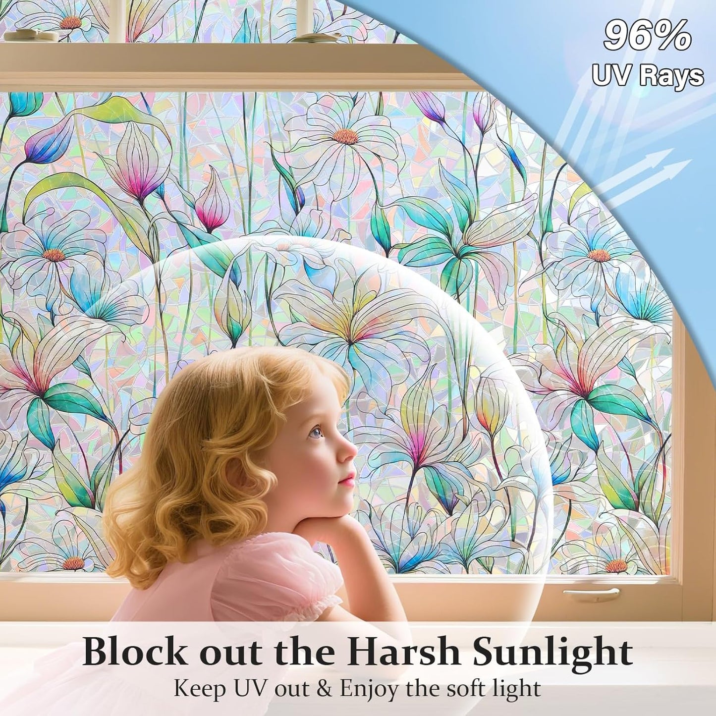 Donox Decorative Window Privacy Film, 3D Floral Stained Glass Window Film Static Cling Rainbow Privacy Sticker for Glass Door Heat Control Anti UV, No Adhesive (Magnolia,23.6 x 157.4 inches)