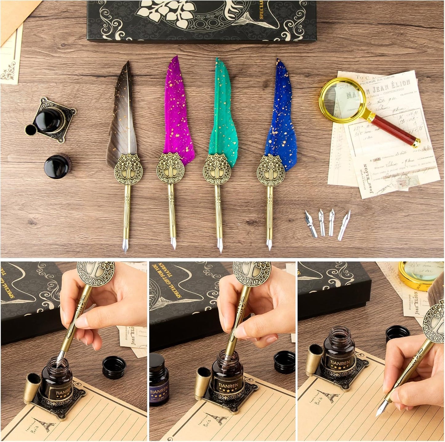 Feather Pen and Ink Set,quill pen ink set,Antique Calligraphy Pen with 4 Replaceable Nibs,2 Bottle of ink,Pen Holder Christmas Gift for Men&Women.(Green)