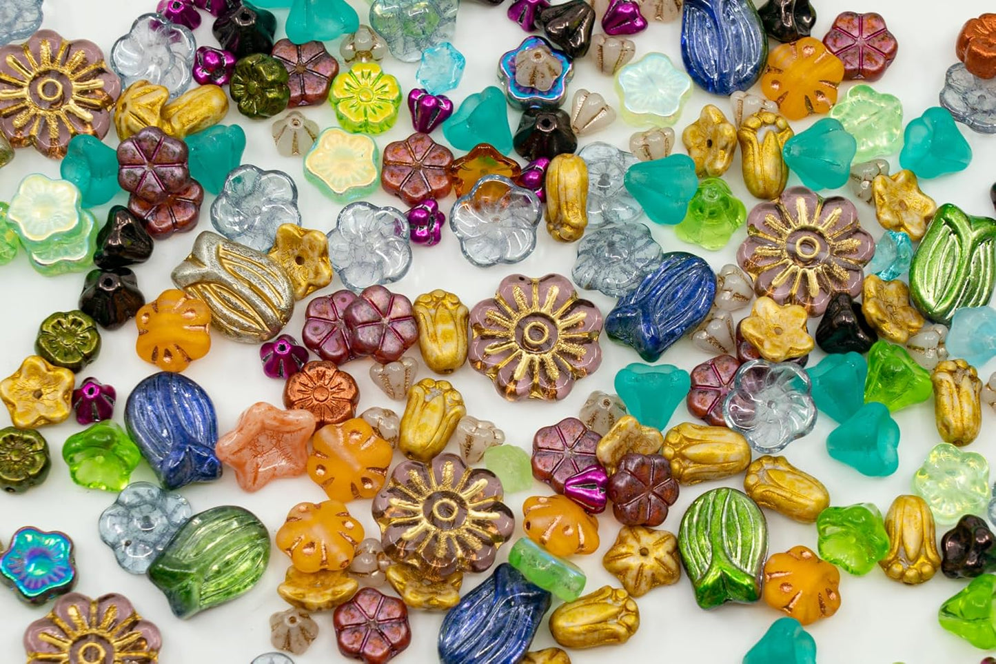 1.4oz (40g) Summer Mix of Small Czech Glass Flower Beads, Hand Made Set Kit, Bell Flower Beads, Tulip Beads, Bud Beads