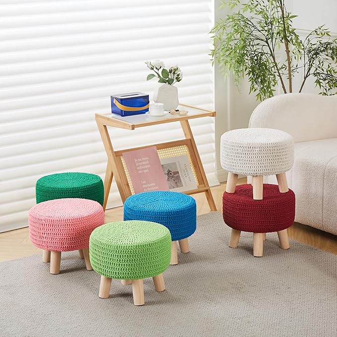 Wimarsbon Pouf Ottoman, 100% Cotton Knitted Boho Footstool, Round Footrest - Image 4