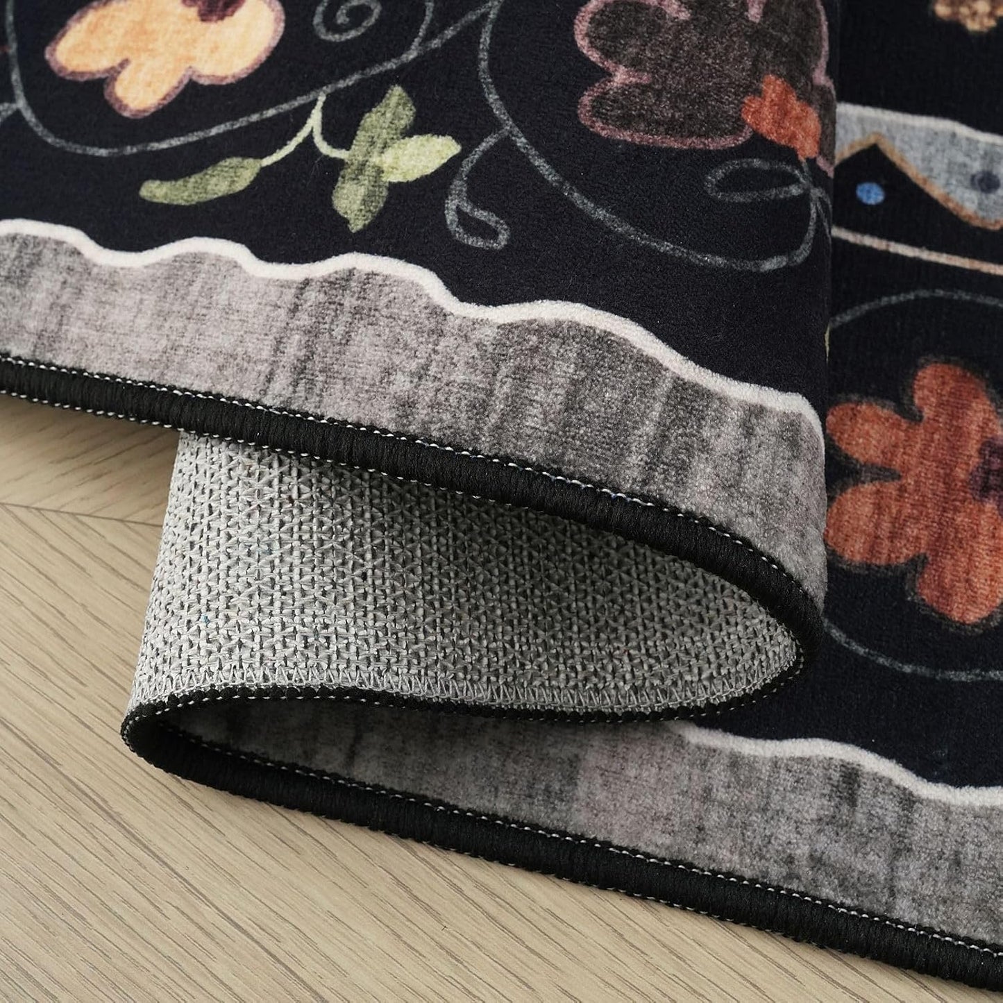 Rugcomf Runner Rug for Kitchen Non Slip 2'x6' Washable Rugs with Rubber Backing Soft Floral Animal Cat Carpet Runner for Kitchen Laundry Bedroom Bathroom, Black