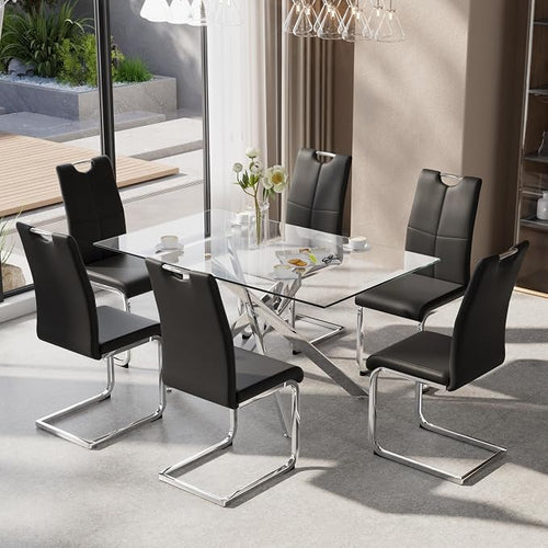 7-Piece Dining Table Set for 6, Modern Rectangular Glass Table by KATBOCFurniture