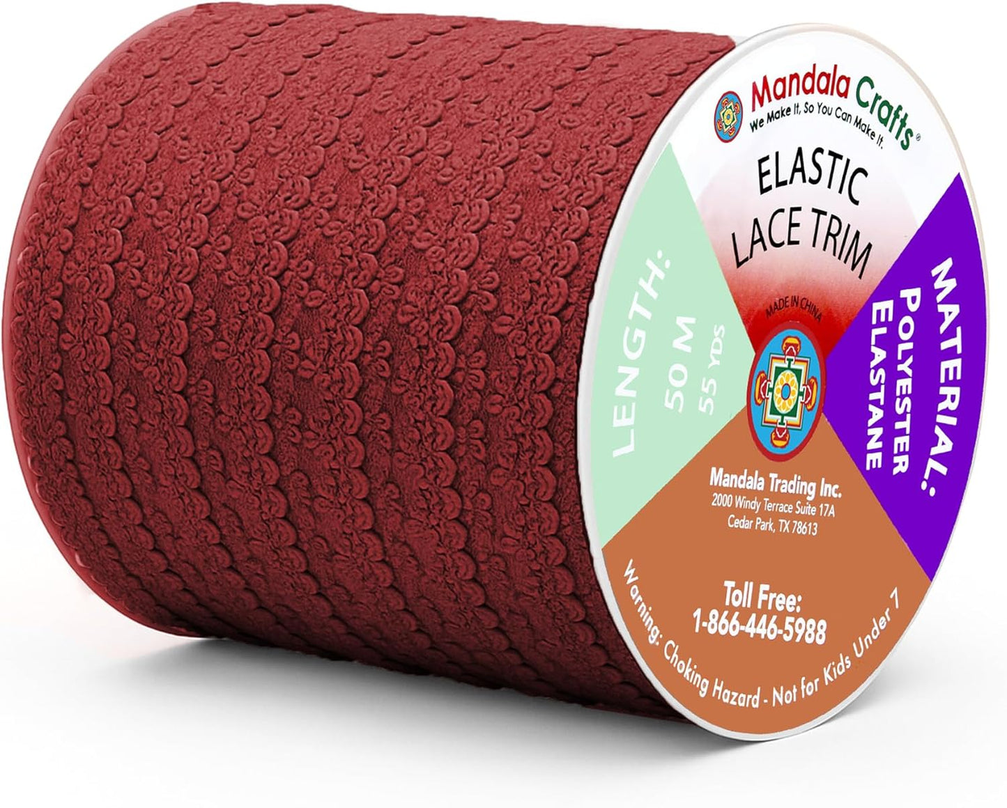 Mandala Crafts Burgundy Stretch Lace Soft Elastic Trim Roll - 55 Yards 1 Inch Wide Stretchy Frilly Picot Ribbon for Sewing Lingerie, Headbands, Underwear, and Crafts