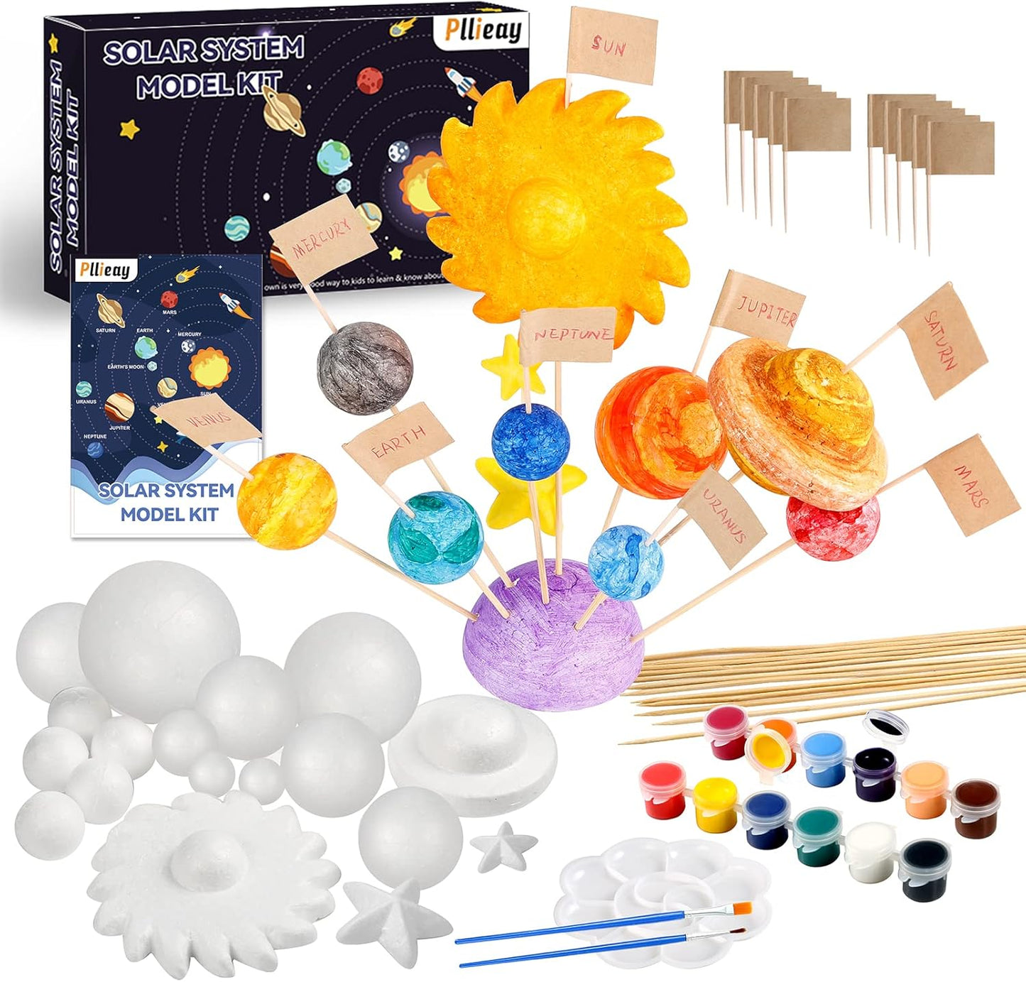 Pllieay 63PCS Solar System Foam Ball Kit Includes Color Pigments, Palette, Mixed Sized Polystyrene Spheres Balls, Toothpick Flag, Painting Brushes, Bamboo Sticks for School Science Projects