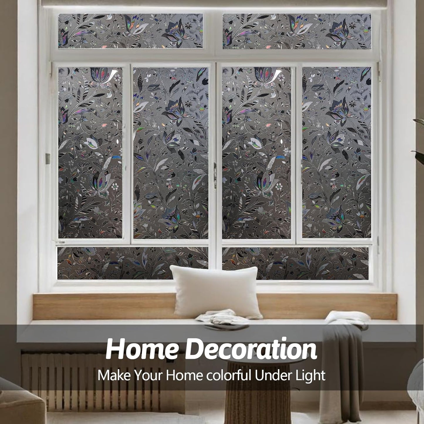 NINETREX Window Privacy Film,Decorative Window Film Frosted,Stained Glass Window Cling,Heat Blocker Non-Adhesive for Home,Grayish Black 17.5 x 157.4inch
