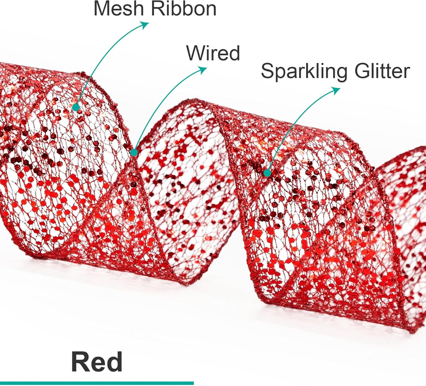 CT CRAFT LLC Sparkling Glitter Mesh Wired Ribbon 2.5" x 10 Yards Red for Christmas Home Decor Bow Gift Wrapping DIY Crafts Wreath