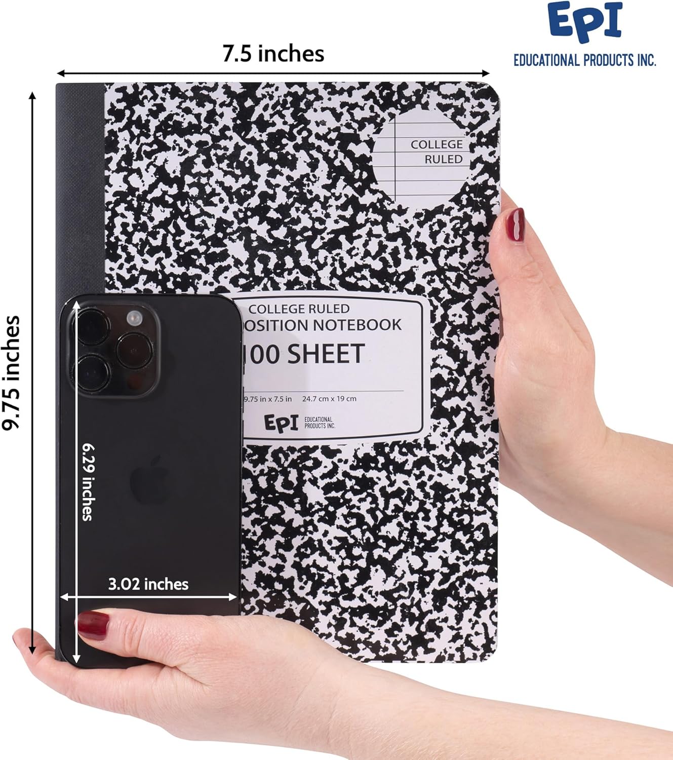 EPI Marble Hardcover College Ruled Composition Notebook | 200 Pages (100 Sheets), 9.75 x 7.5 in, Sturdy Sewn Binding | School, Office, Journaling, Notes - 6 Pack