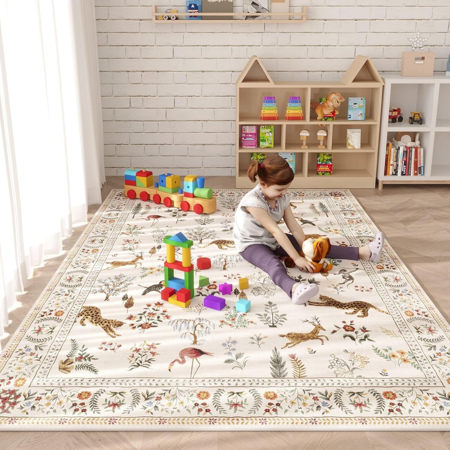 Rugcomf Living Room Rug 6x9 Rug Machine Washable Boho Area Rug Non Slip Floral Animal Vintage Low Pile Large Rug for Living Room, Bedroom, Farmhouse, Dining Room, Kids Playroom (Beige)