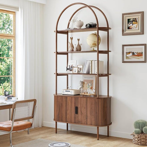 79" Tall Arched Bookshelf with Sliding Tambour Doors, Mid Century Modern Curved by JanmerHome