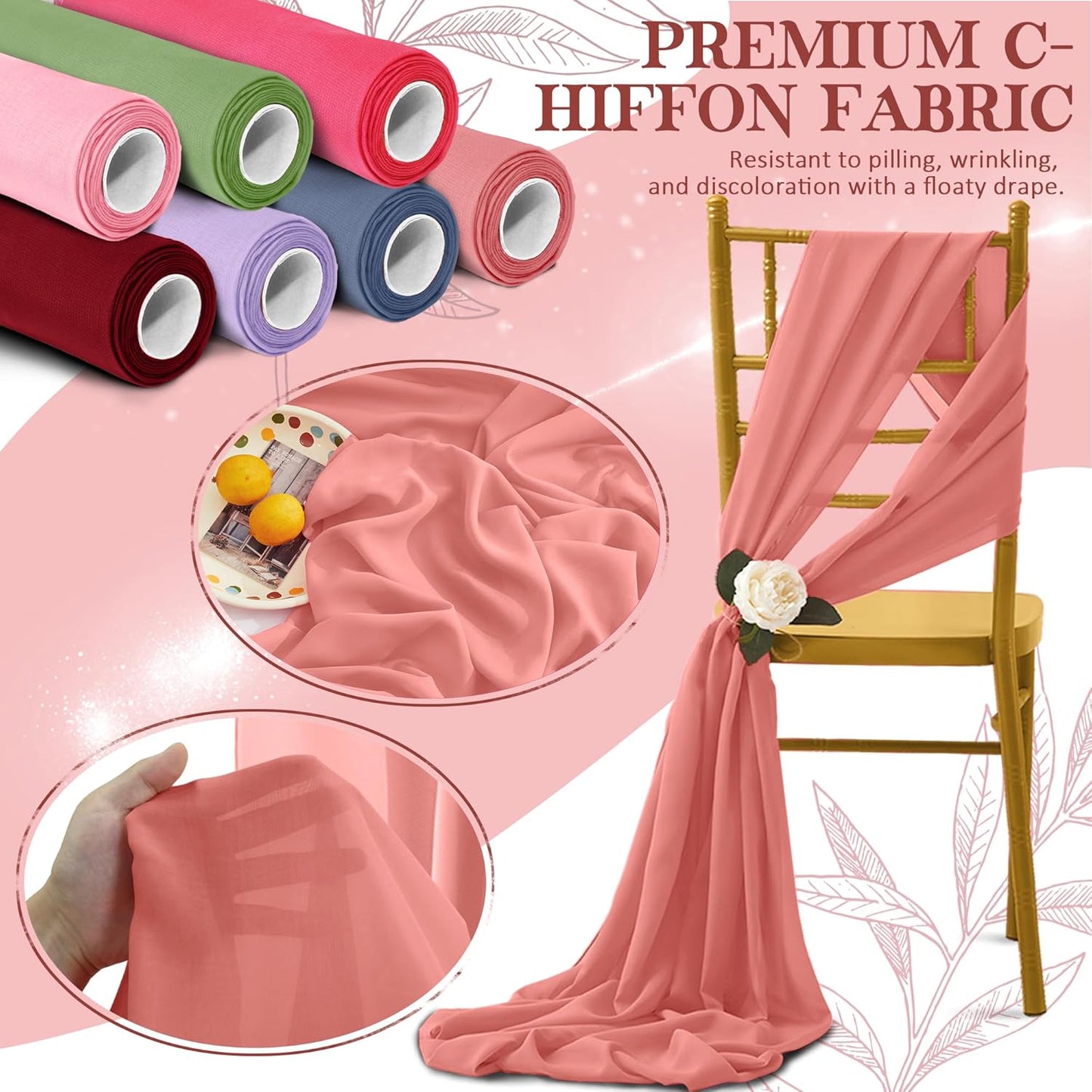 Horbaunal Rose Gold Chiffon Fabric by The Yard, 1 Yard Continuous Sheer Fabric 59" Wide Soft Draping Fabric for Wedding Arch Draping Party Backdrop DIY Sewing