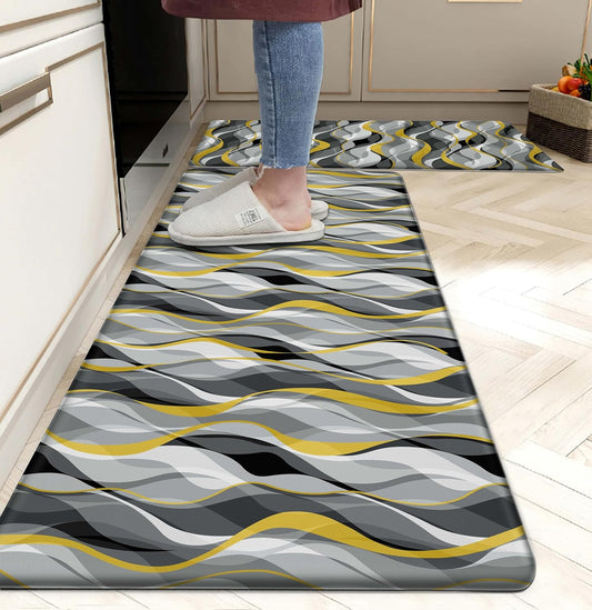 Kitchen Mats for Floor Modern Abstract kitchen rugs Grey and Yellow Stripe Anti Fatigue Kitchen Mats Waterproof Floor Mats Cushioned Non-Skid Standing Mats for Kitchen, Set of 2,17.3 x 28+17.3 x 47
