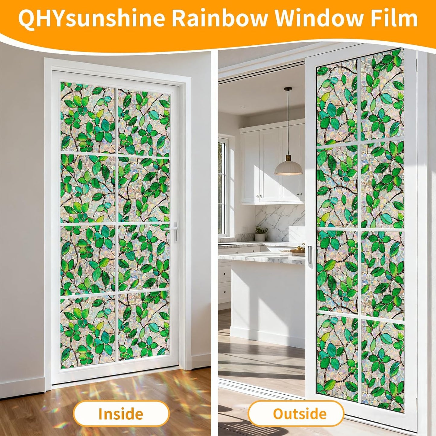 Stained Glass Window Privacy Film Decorative Rainbow Static Clings – Ideal for Home & Office, Adhesive-Free, Removable, UV-Blocking (Green Rainbow, 23.6 X 78.7 in)