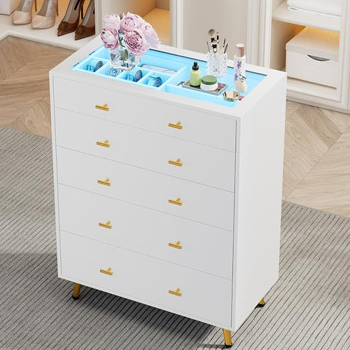 5 Drawer Dresser for Bedroom, 30.7" W x 38" H Tall Tempered Glass Top Dresser by DesignedforYourHome