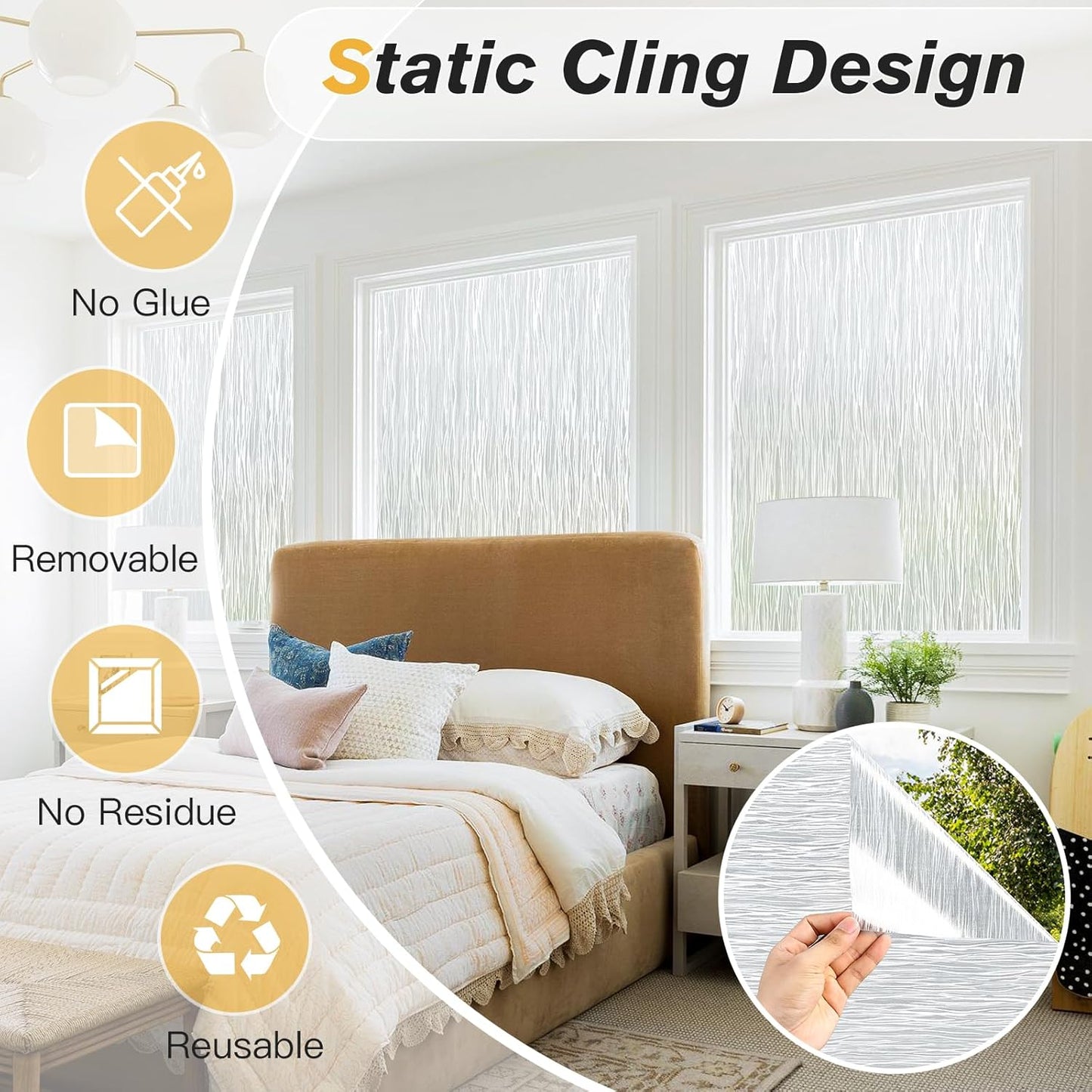 Haton Window Privacy Film, Frosted Glass Privacy Window Clings, Sun Blocking Frosting Opaque Coverings, Static Cling Removable Decorative Stickers for Home Door, Non-Adhesive 17.5" x 157.4"