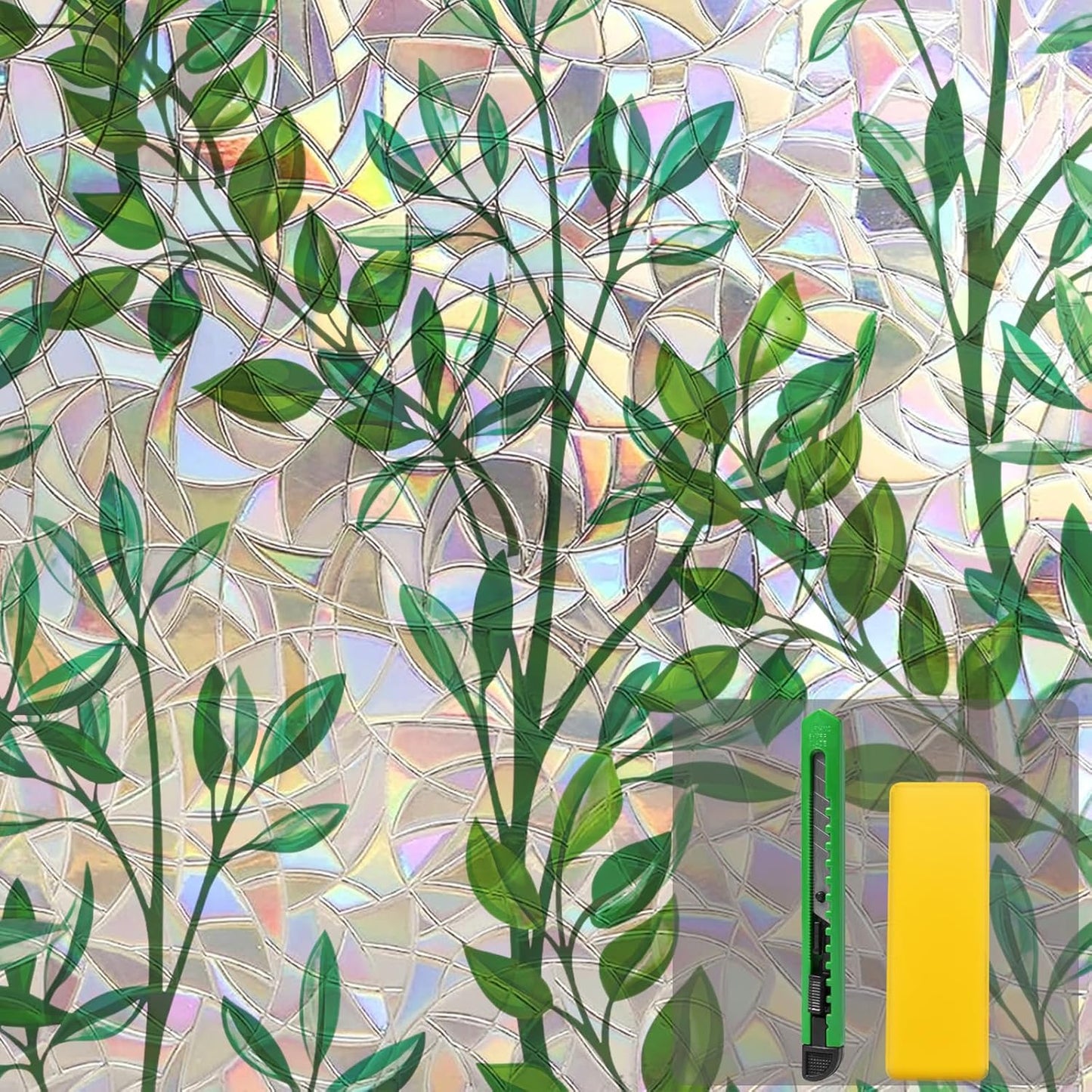 Niviy Window Privacy Film Stained Glass Window Film with Installation Tools, Rainbow Windows Decorative Decals Non-Adhesive Reusable for Home, Bathroom, Glass Door (Leaf Rainbow, 23.6 x 118 in)