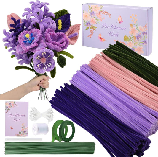 LansinLife 400 Pcs Pipe Cleaners Craft Set, 4 Assorted Pipe Cleaners Bulk, Chenille Stems for DIY Flower Making Kit with Floral Stems, Gardening Tape, Stamen, Ribbon for DIY Bouquet Gift (Purple)