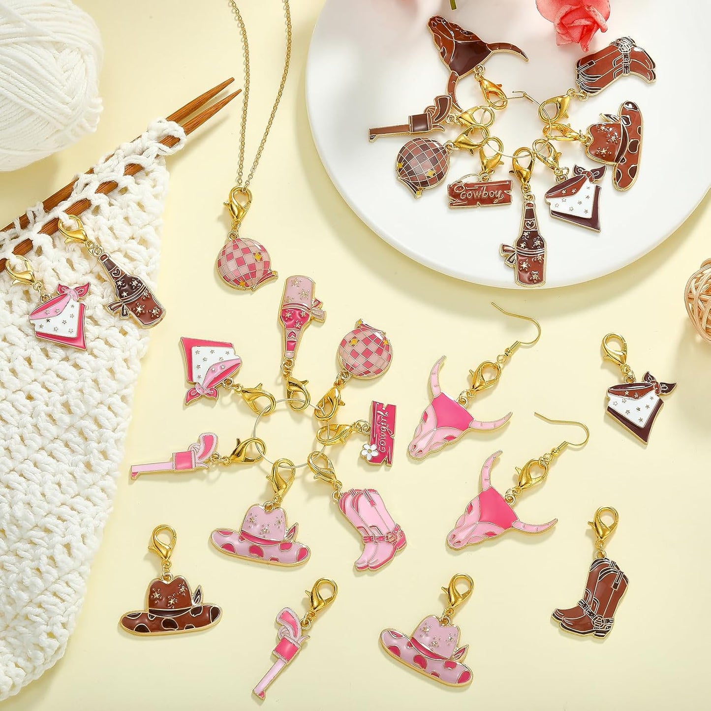 BEEFLYING 16Pcs Cowboy Stitch Marker Charms for Crocheting and Knitting, 8 Styles Brown Alloy Enemal Crochet Knit Stitch Marker Pendant with Leverback Clasp for Knitting Crocheting Accessories
