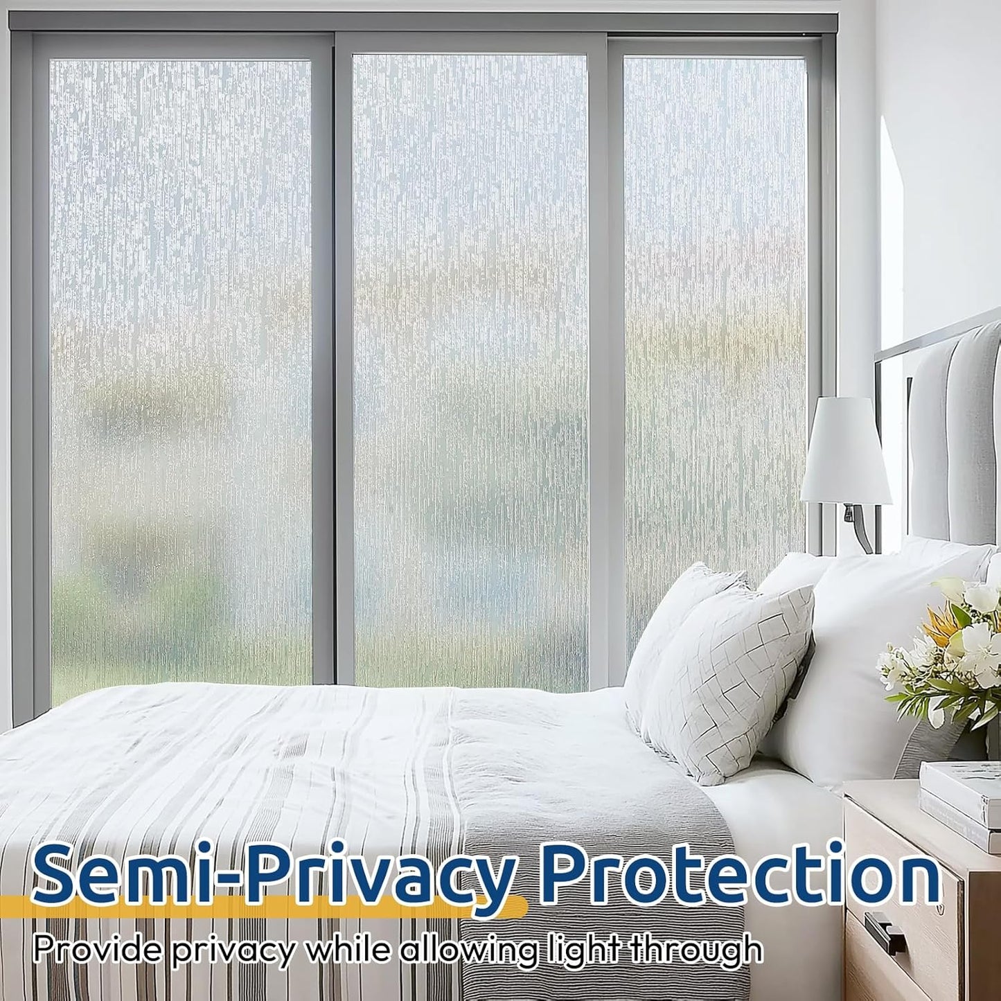 rabbitgoo Window Privacy Film Frosted Glass Clings, Decorative Sun UV Blocking Static Cling Window Covering, Removable Frosting Sticker for Home, Rain Silk, 35.4 x 157.4 Inches