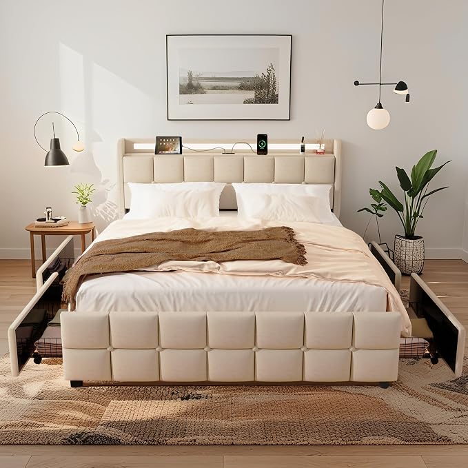 Full Size Bed Base with Multiple Color LED Lighting, Linen Upholstered Bed - Image 5