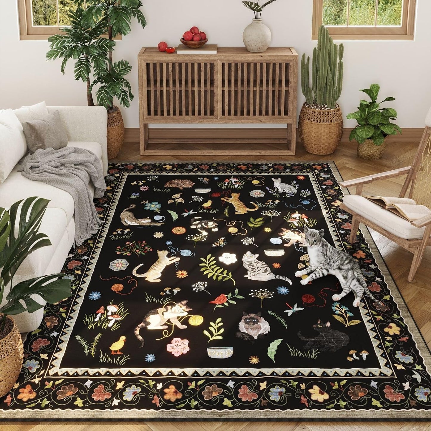 Rugcomf Area Rug 4x6 Rug Washable Boho Rugs Non Slip Low Pile Floral Animal Cat Small Carpet for Bedroom Bedside Kids Room Office Dining Room, Black