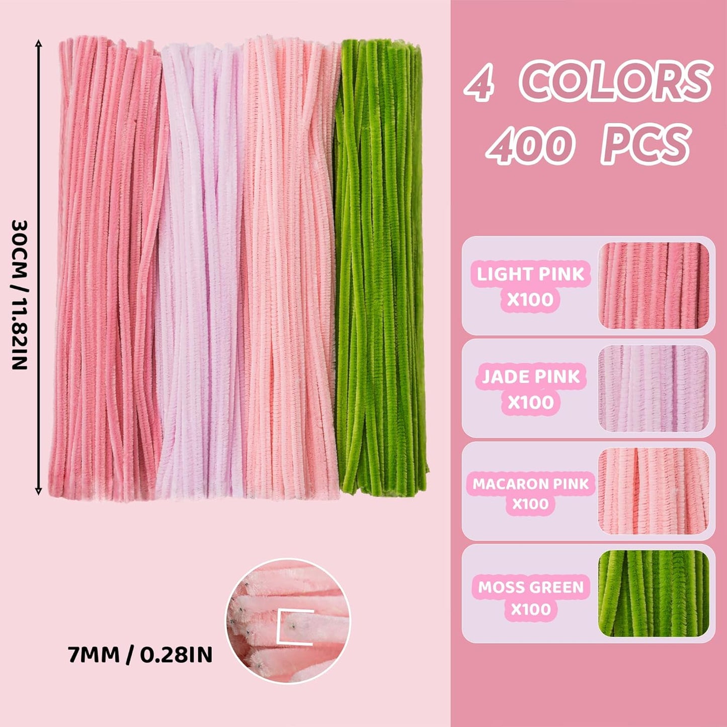 400 PCS Pipe Cleaners Craft Bulk,4 Assorted Colors Chenille Stems for DIY Flower Making Kit with Floral Wire, Gardening Tape, Stamen & Ribbon, Pipe Cleaners Flowers, Arts and Craft Supplies for Kids