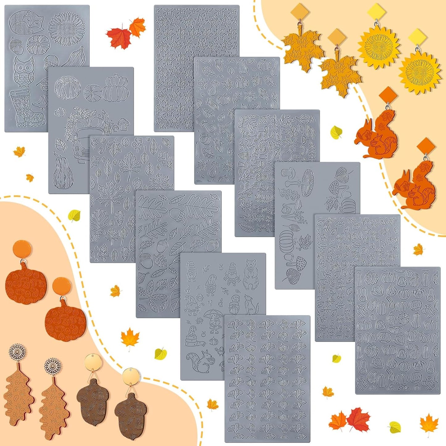 12 Pcs Fall Polymer Clay Texture Sheets Set, Maple Leaves, Pumpkin Miniature Clay Molds Pine Cone Pattern Silicone Polymer Clay Molds for Fall Autumn Thanksgiving Jewelry Earrings Making