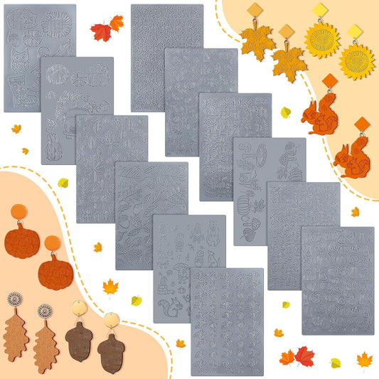 12 Pcs Fall Polymer Clay Texture Sheets Set, Maple Leaves, Pumpkin Miniature Clay Molds Pine Cone Pattern Silicone Polymer Clay Molds for Fall Autumn Thanksgiving Jewelry Earrings Making