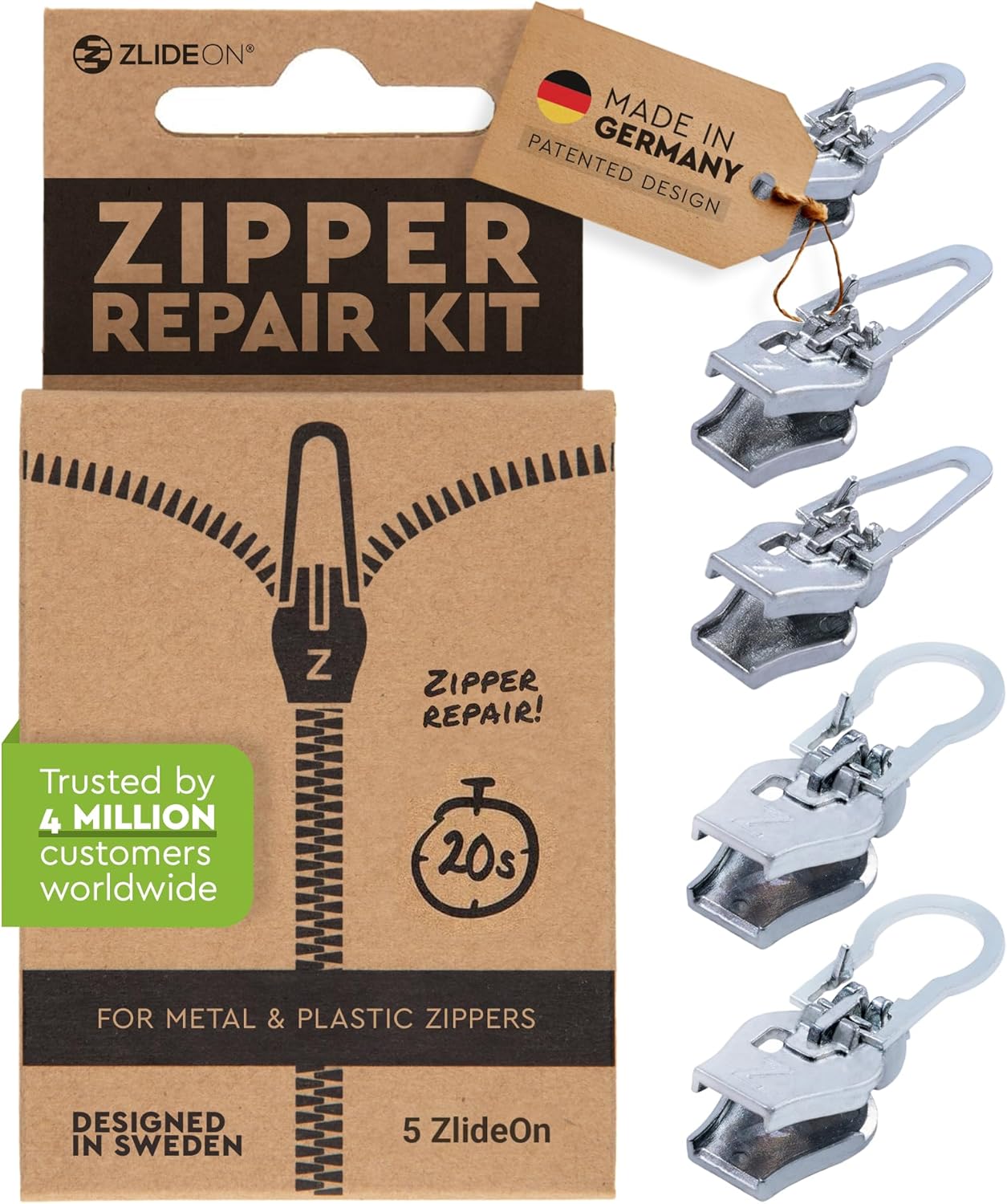 ZlideOn Zipper Pull Replacement - 5pcs, Silver, Normal - Instant Zipper Replacement Slider Multipack