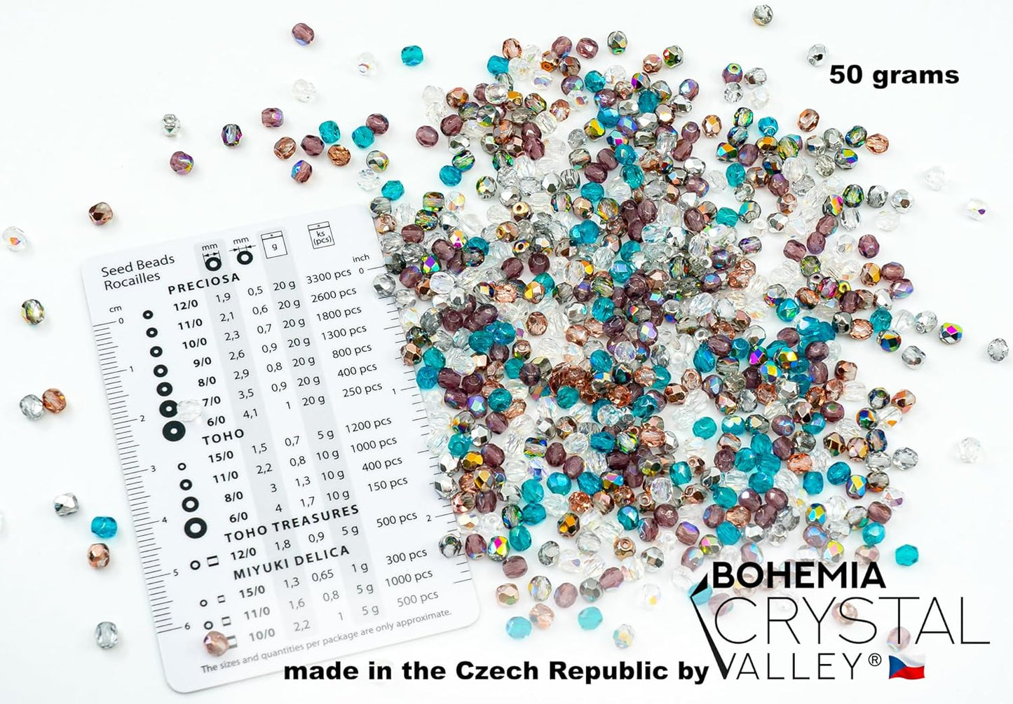 1.76oz Faceted Fire Polished Round Glass Beads 4mm (0.16in), Czech Republic Bohemian Glass Transparent Mix