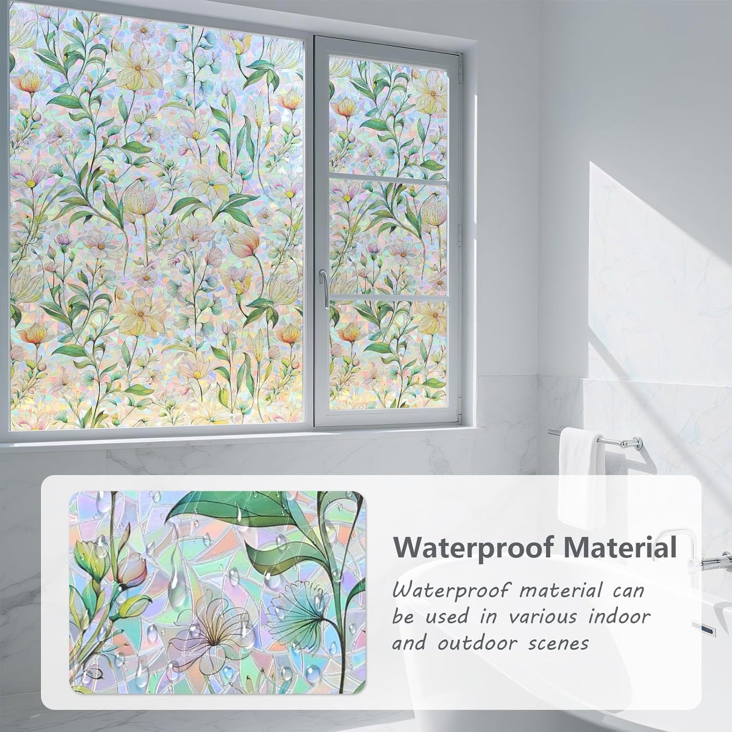 FINNEZ Window Privacy Film Stain Glass Film Flowers Rainbow Window Film Window Clings Non-Adhesive Reusable Decorative for Home（Forest Rainbow，35.4 Inch x 6.5 Feet）
