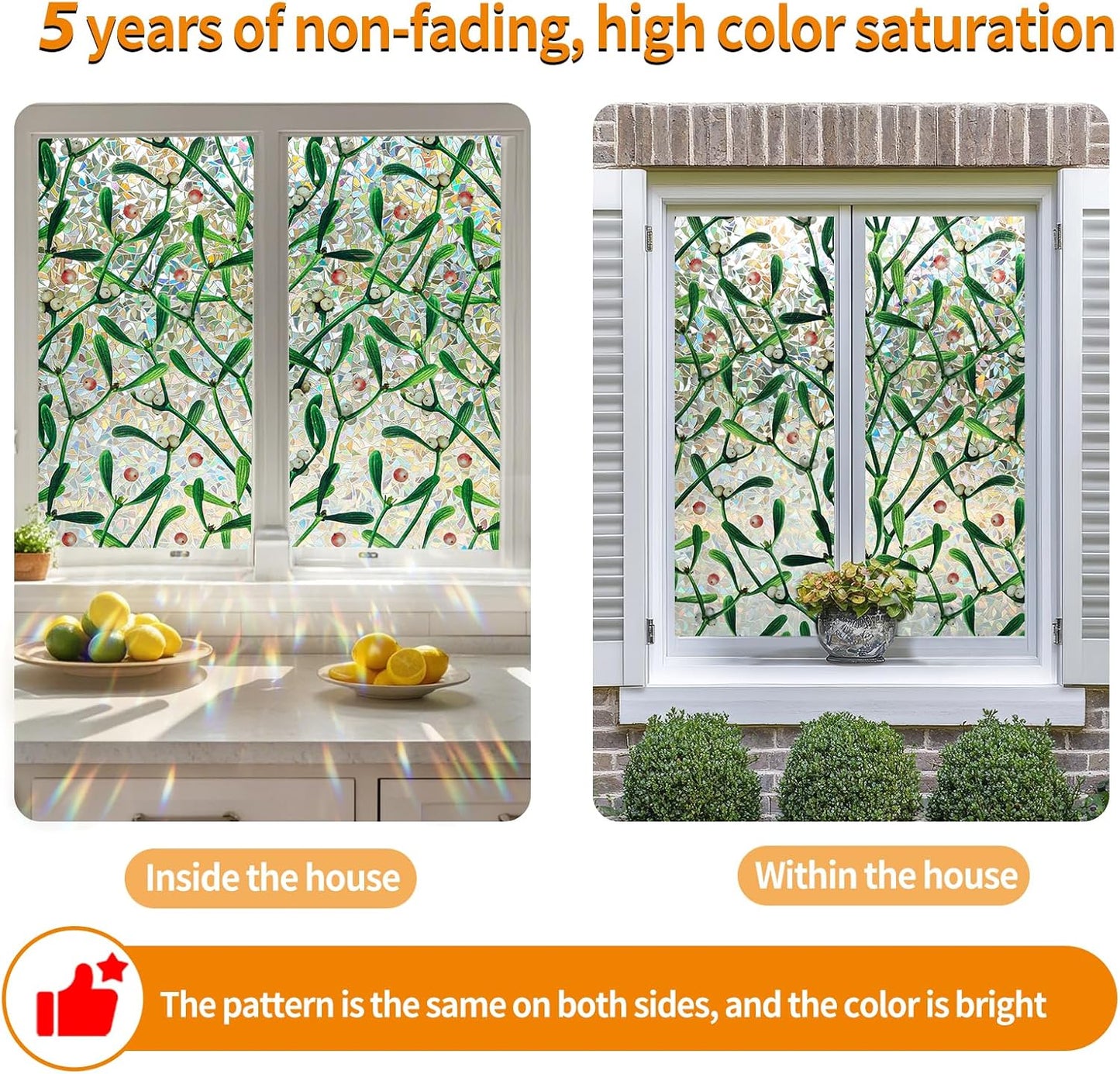 Window Privacy Film Stain Glass Window Film Rainbow Window Film Window clings Non-Adhesive Reusable Decorative for Room (Mistletoe Rainbow, 17.5 x 157.4 in)
