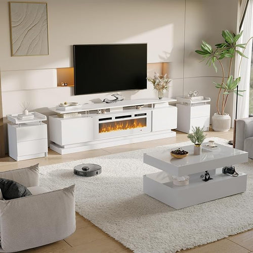 4-Piece Modern Living Room Table Set, Includes High Gloss 70" Fireplace TV Stand by Nordivale