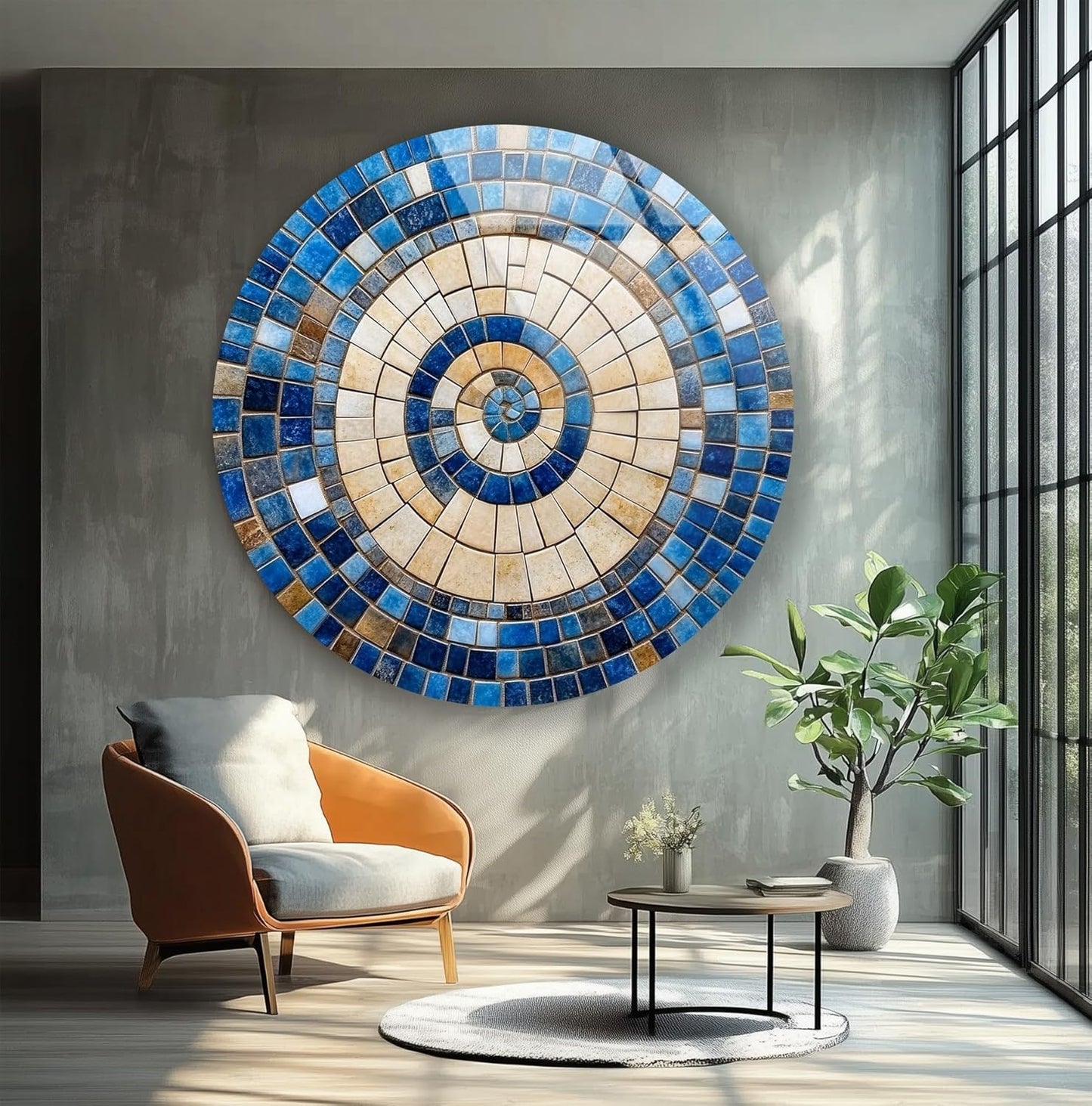 My Photostation.com 20''(50cm) Diameter Coastal Sunburst Beige & Blue Round Glass Wall Art Tempered Glass Printing Wall Decor Large Wall Art Wall Hangings