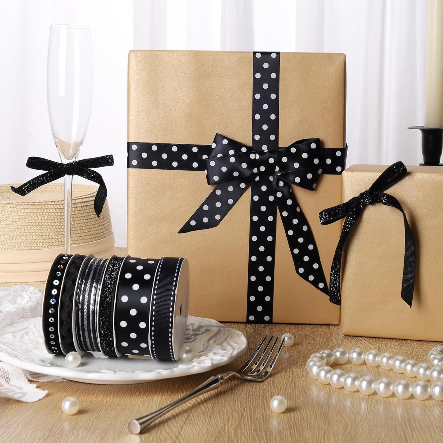 LaRibbons Black Ribbons for Crafts 6 Rolls Assorted Black Ribbons with Polka Dots, Glitter and Sequins for Gift Wrapping, DIY Crafts, Hair Bows, Sewing and Party Decorations, 30 Yards