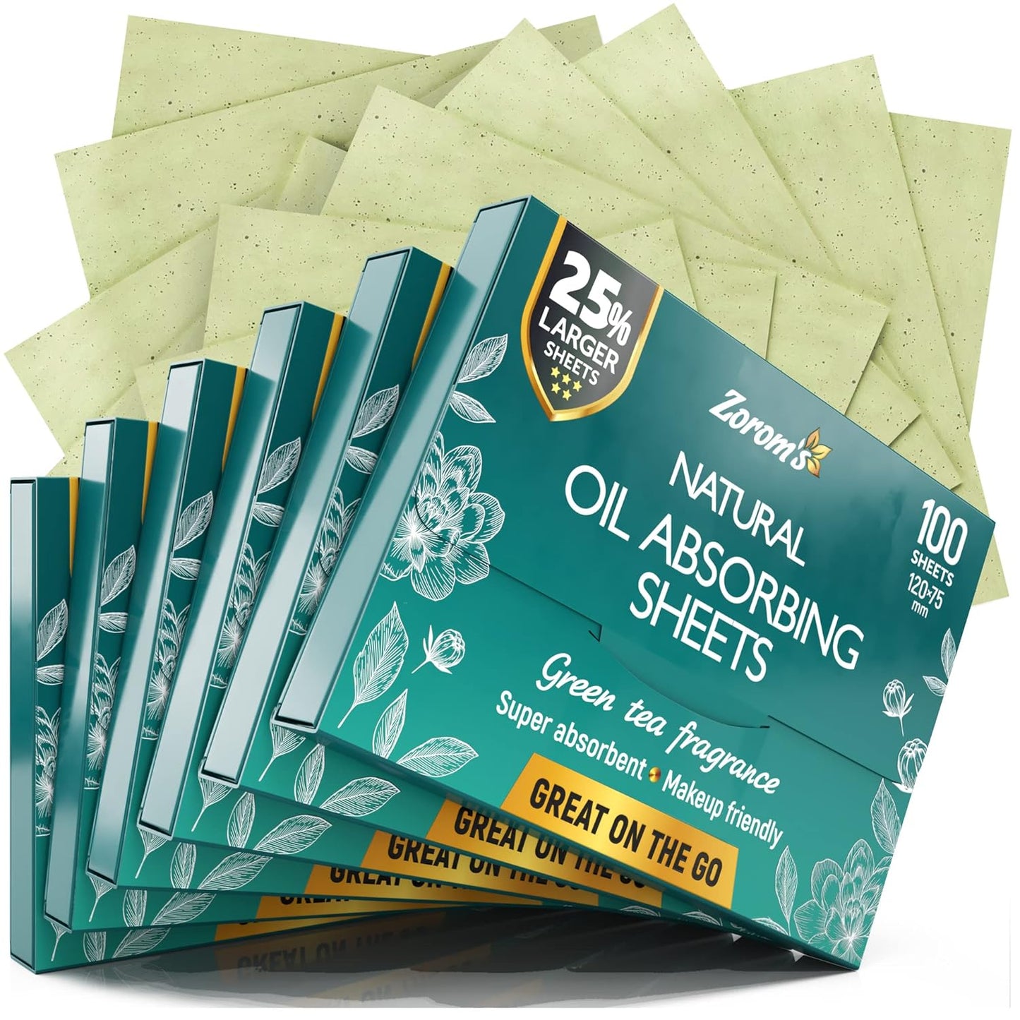 Natural Green Tea Oil Blotting Sheets - 25% Larger (4.7x3") - 600 Makeup Friendly Papers for Face - Easy Dispensing Oil Absorbing Sheets