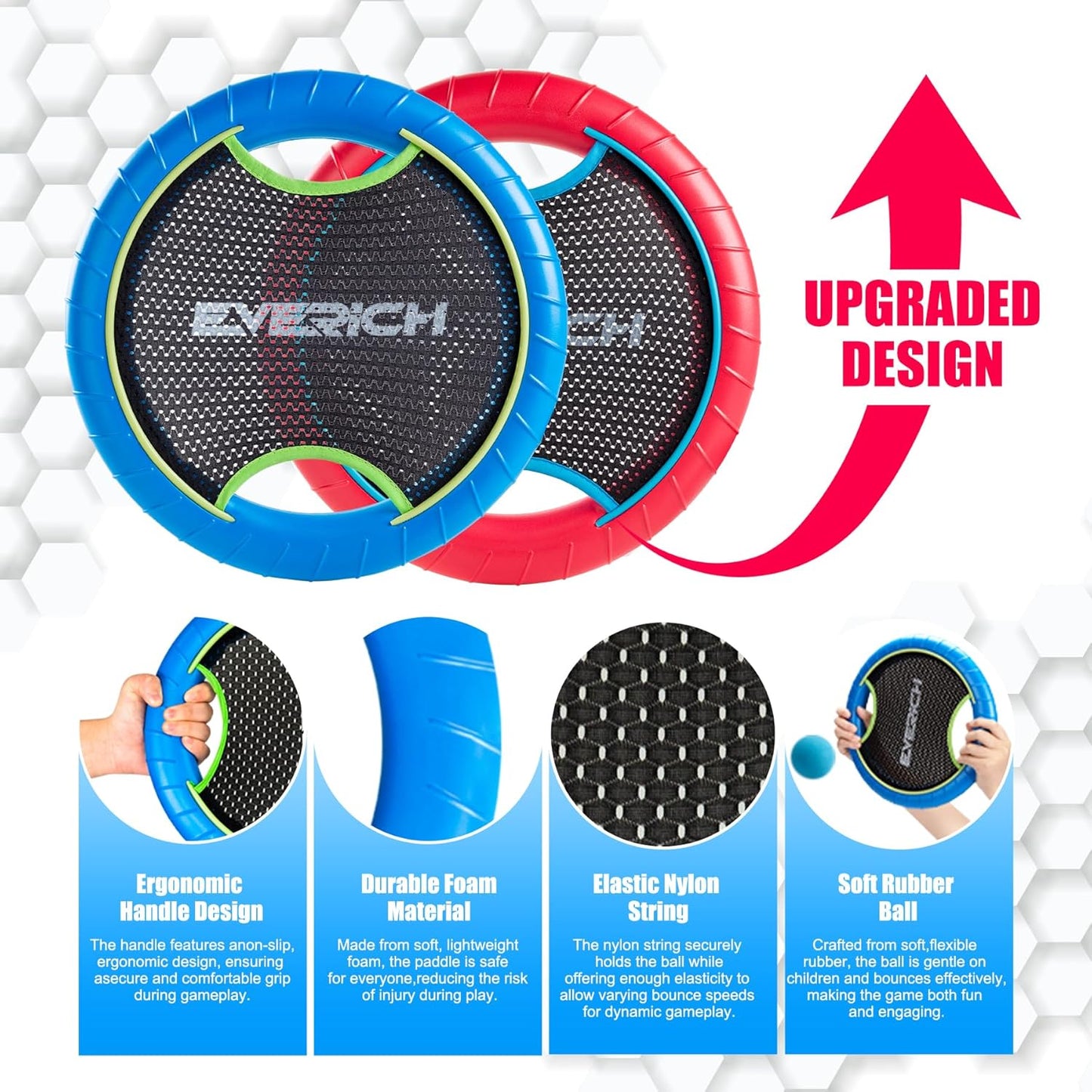 EVERICH TOY Trampoline Paddle Ball Set with 4 Bouncy Paddles & 8 Balls - Soft Foam Design for Kids Play Indoor Outdoor Beach Backyard Lawn - Great Gift Idea for Boys & Girls