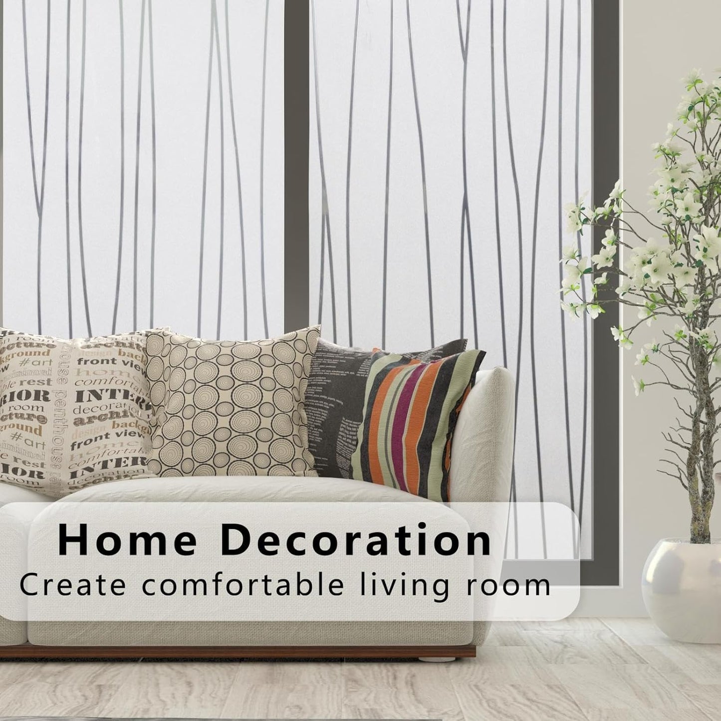 Finnez Window Privacy Film Decorative Frosted Window Cling Privacy Film for Glass, Non-Adhesive Heat Anti-UV for Home Office Living Room, Irregular Stripe Patterns, 11.8 x 78.7 Inches
