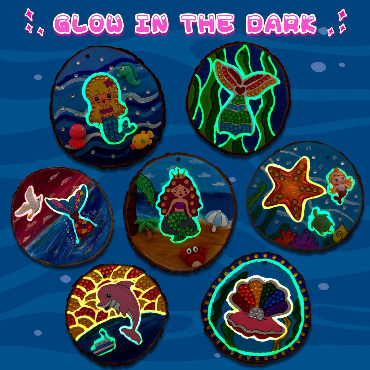 klmars Mermaid Themed Wooden Painting Kit-Glow in The Dark-Arts & Crafts Gifts for Kids Girls Ages 6-12-Wood Slice Craft Activities Kits -Mermaid Art Toys for Kids Christmas Gifts
