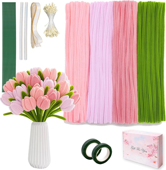 400 PCS Pipe Cleaners Craft Bulk,4 Assorted Colors Chenille Stems for DIY Flower Making Kit with Floral Wire, Gardening Tape, Stamen & Ribbon, Pipe Cleaners Flowers, Arts and Craft Supplies for Kids