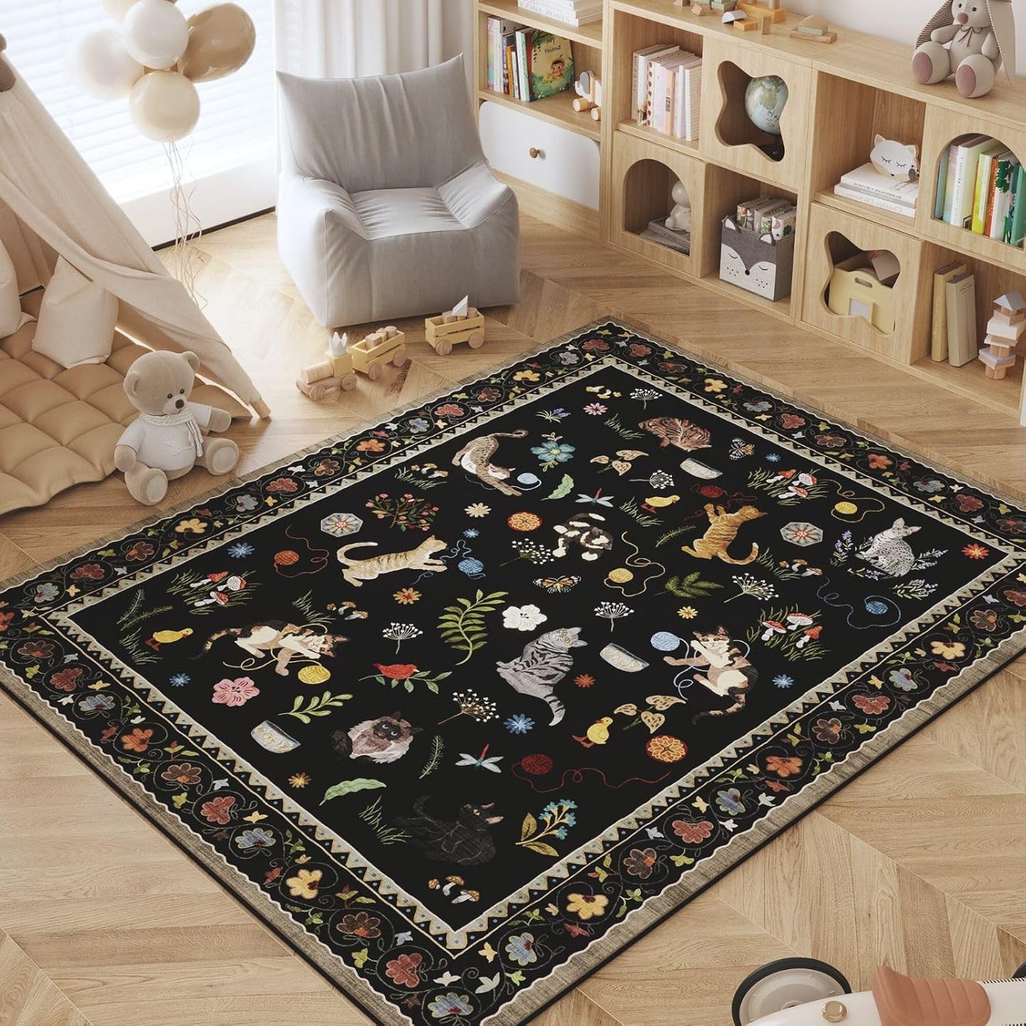 Rugcomf Area Rug 4x6 Rug Washable Boho Rugs Non Slip Low Pile Floral Animal Cat Small Carpet for Bedroom Bedside Kids Room Office Dining Room, Black