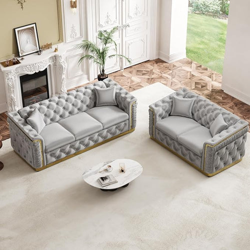 2 Piece Velvet Chesterfield Sofa Luxury Tufted Sofa Black and Gold Couch Set by Nolohoo