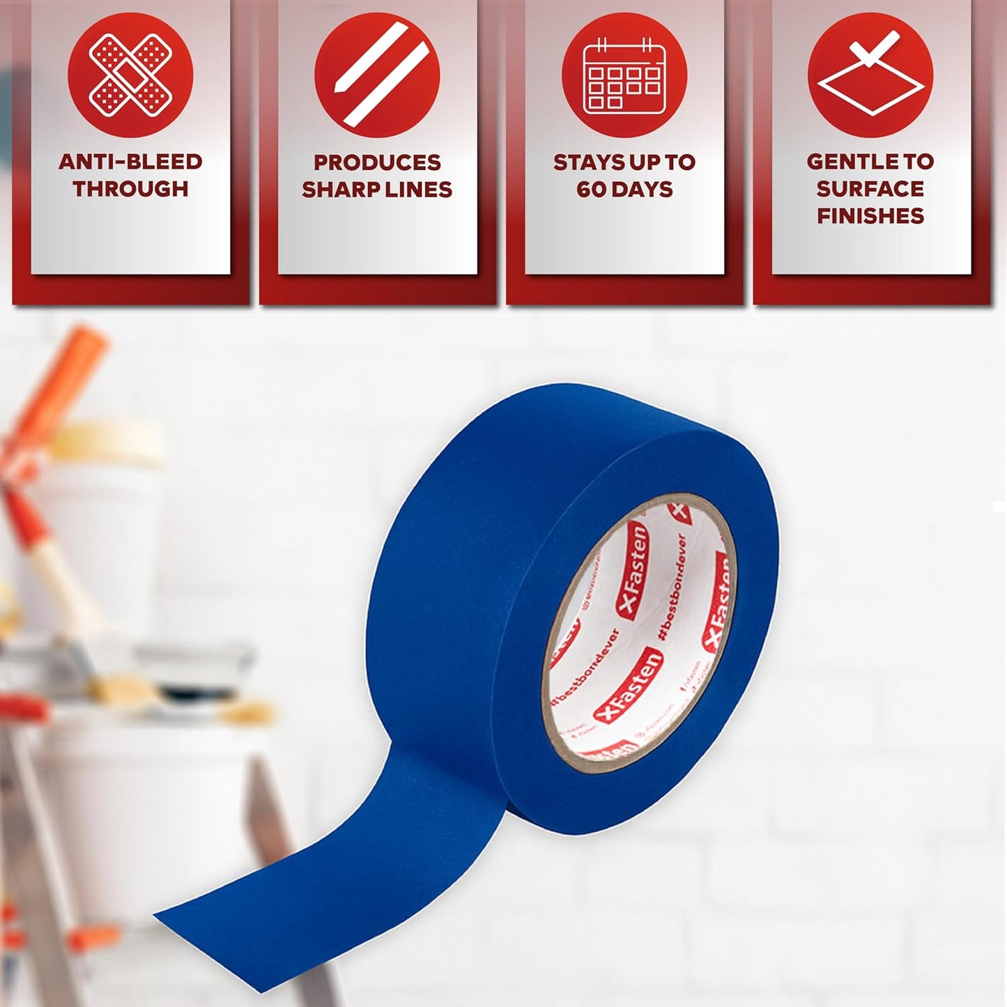XFasten Blue Painters Tape Bulk 3-Inch x 60-Yards (24-Pack, 4320ft Total) Wall Safe, 3 Inch Wide Masking Tape for Walls, Painting, Automotive